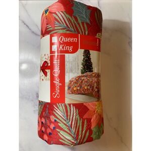 Christmas Quilt Red Floral Holly Poinsettia Presents Gift king size